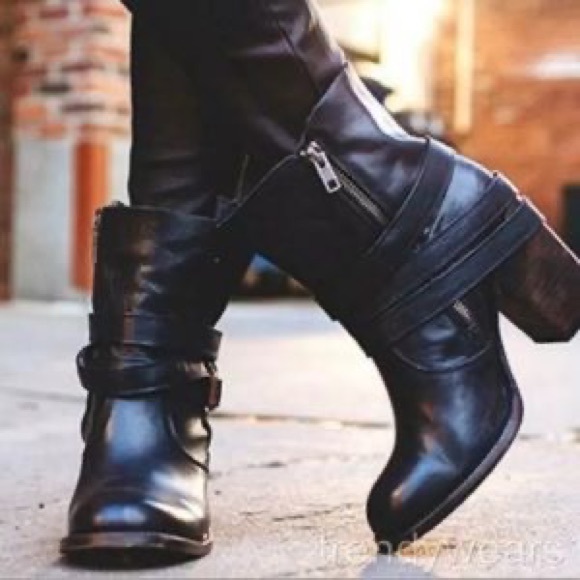 Free Bird by Steven Black Leather Bama Ankle Bootie Heels Boots Buckle Zippers 8 - Picture 2 of 12